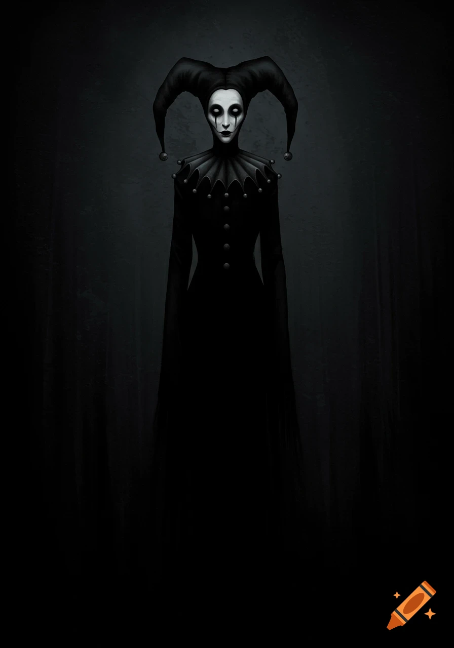A dark figure in a jester's hat and black outfit stands in shadow, with white face paint and black tears.