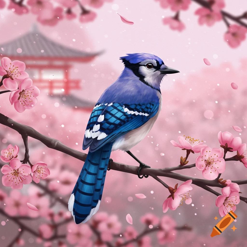 A blue jay bird perched on a branch covered in pink cherry blossoms, with a traditional Japanese building in the soft background.