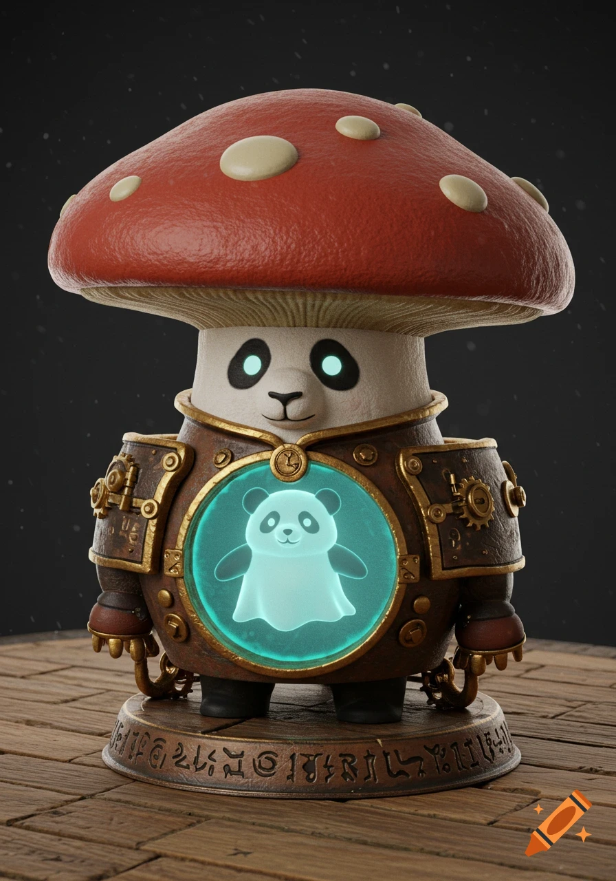 A cute, stylized character with a mushroom head and steampunk armor, holding a glowing panda ghost inside a chest window. It stands on a base with carved symbols.