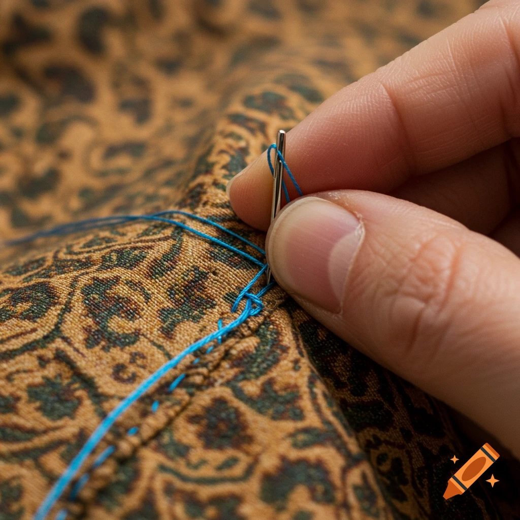 A close-up shot of a hand sewing blue thread onto a patterned brown and green fabric.