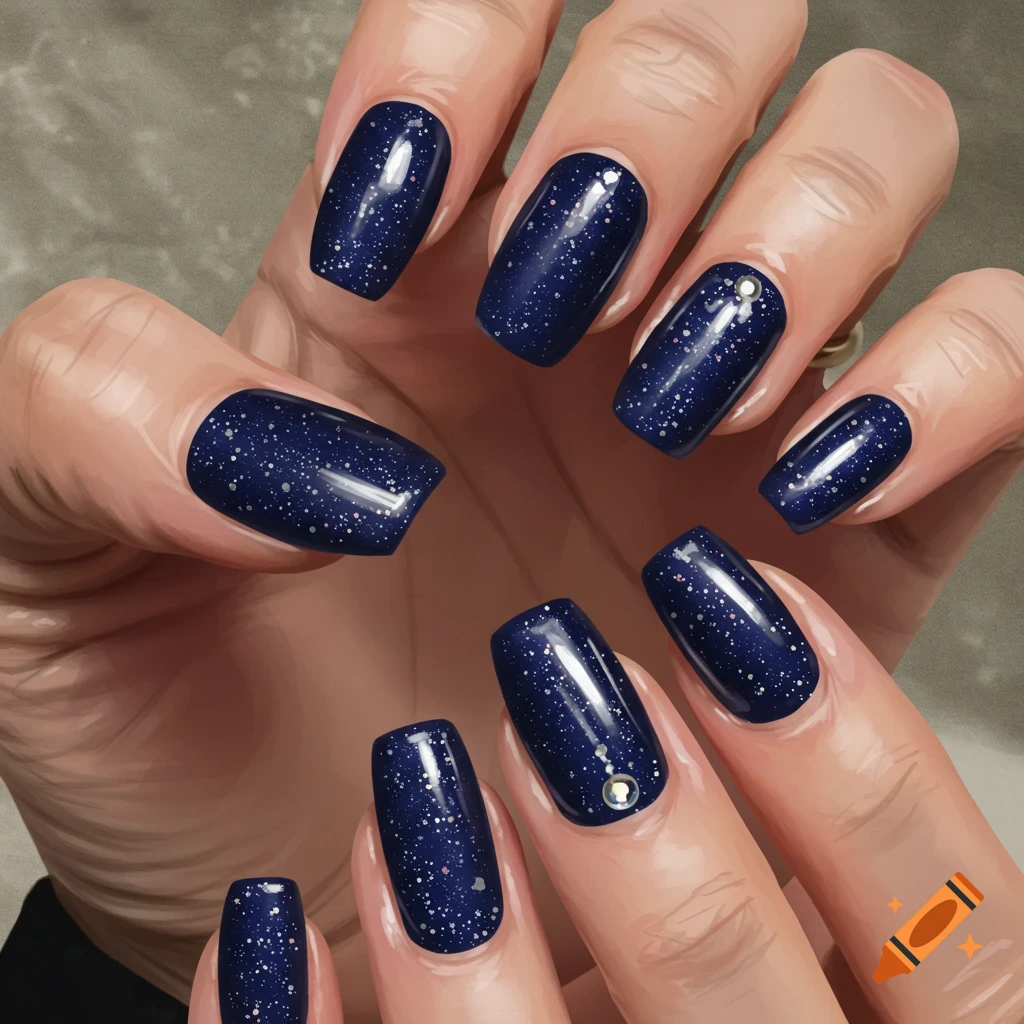 Hand with dark blue gel nails with sparkles and a small gem on the ring finger.