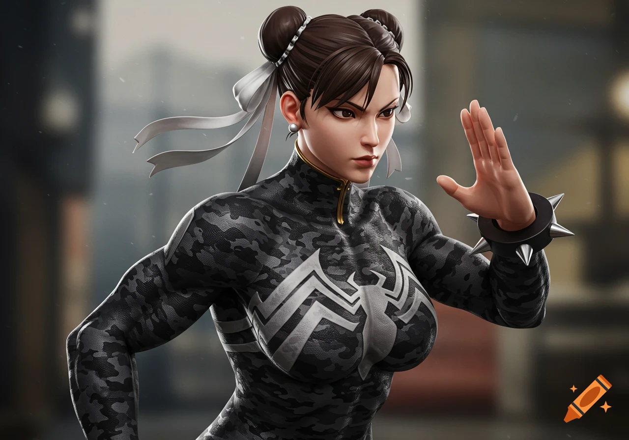 Chun Li in a black camouflage Venom suit striking a pose