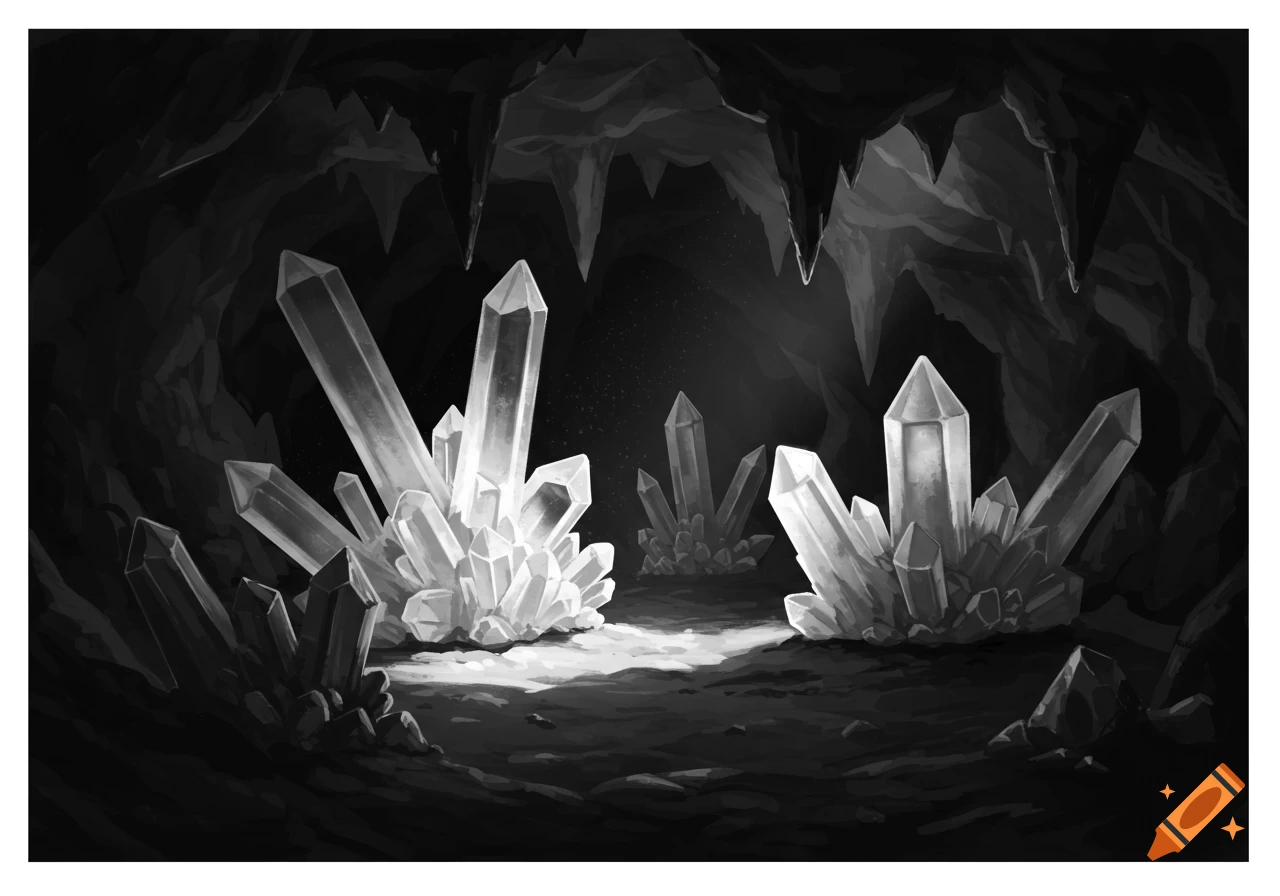 Black and white illustration of glowing crystals in a dark cave.