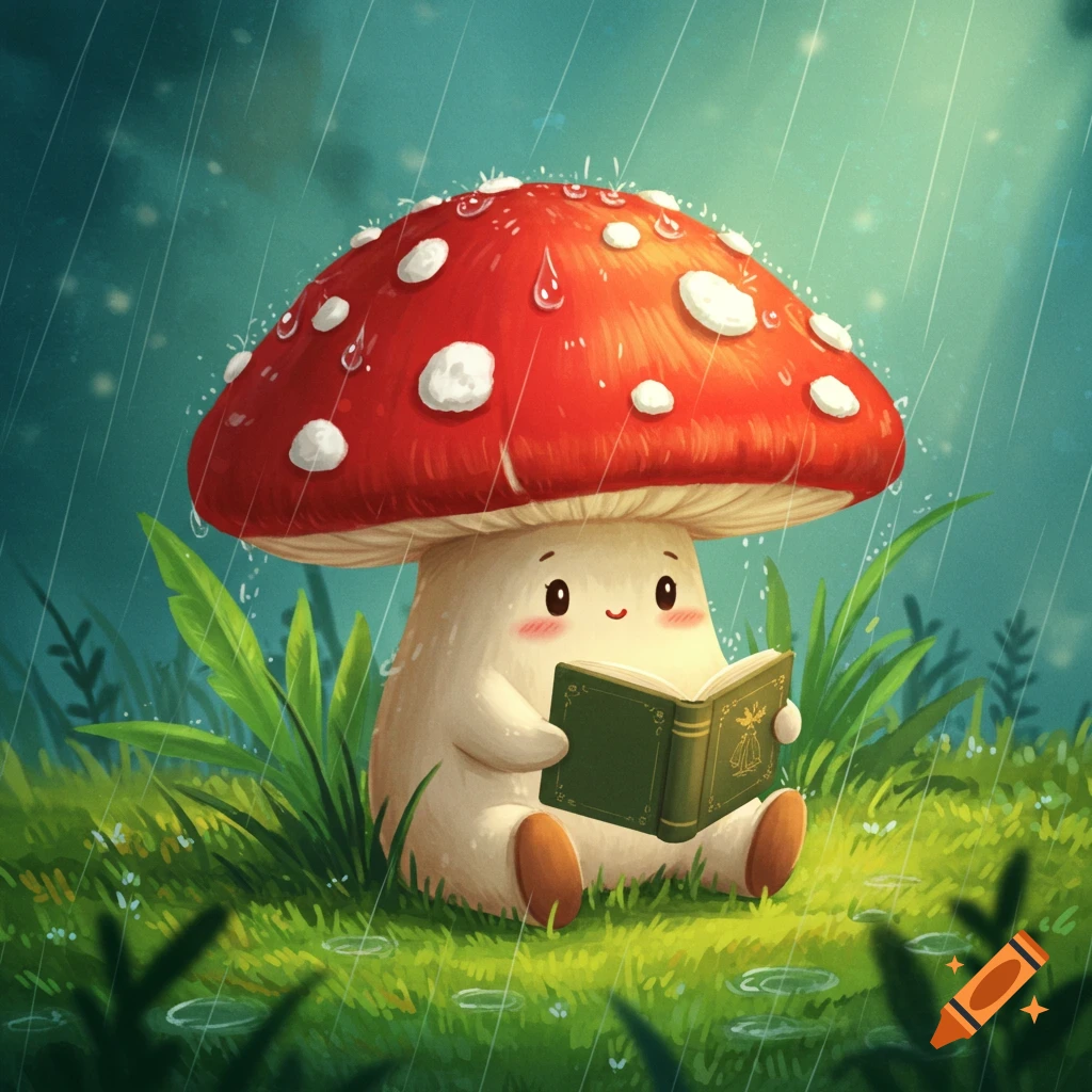 Cute cartoon mushroom reading a book in the rain, illustration