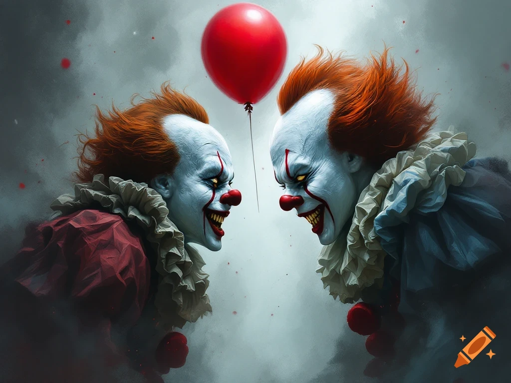 Two scary clowns facing off with a red balloon between them