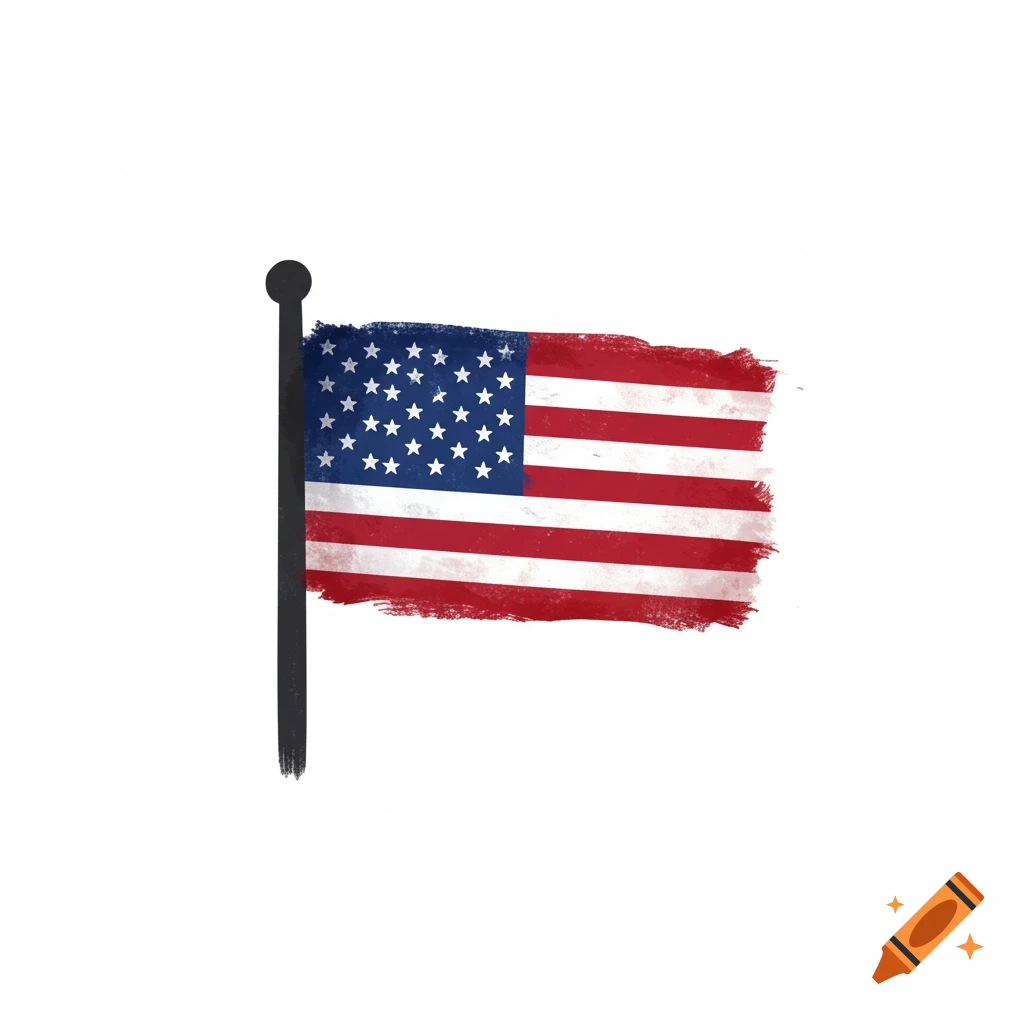 A stylized American flag on a pole with a white background.