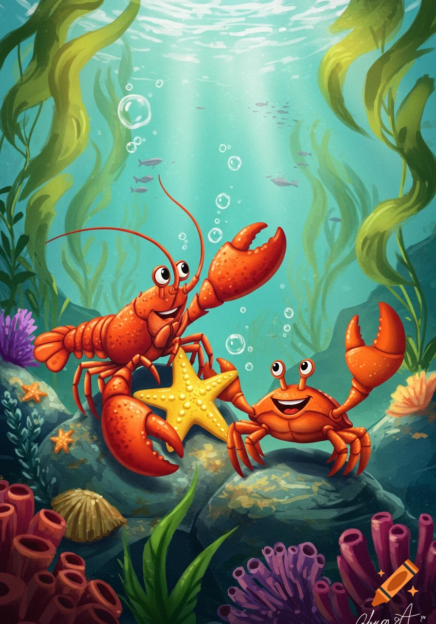 Cartoon illustration of a lobster and a crab underwater with a starfish.