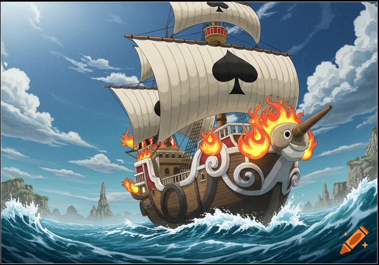 Anime ship with spade sails and flaming figurehead on the sea.