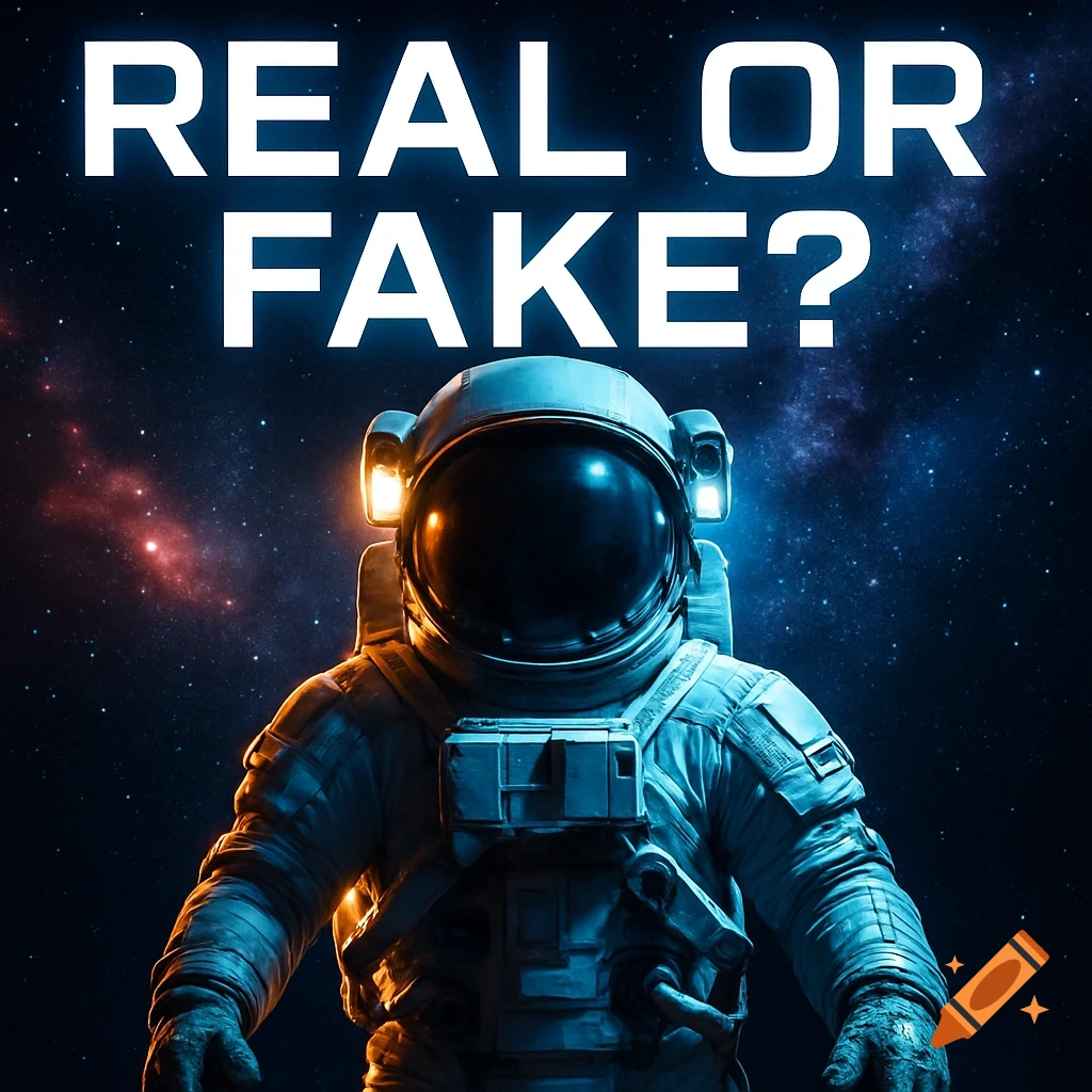 Astronaut floating in space with 'REAL OR FAKE?' text above
