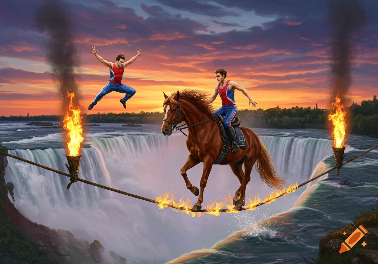 Two men, one on a horse, balance on a flaming tightrope above a waterfall at sunset.
