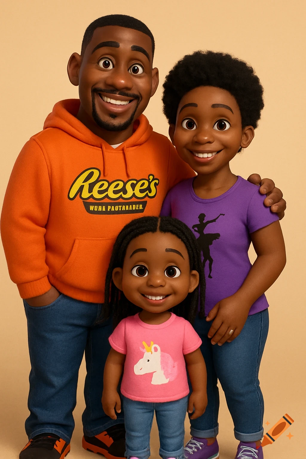 A Pixar-style illustration of a Black family smiling. A man in an orange hoodie, a woman in a purple shirt with a ballerina, and a girl in a pink unicorn shirt.