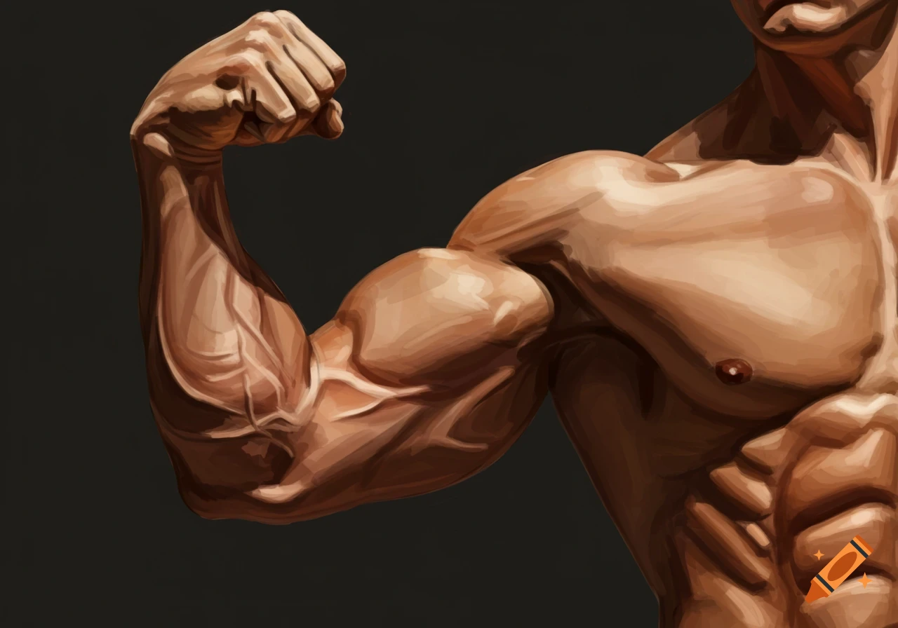 Close-up of a muscular man flexing his biceps, chest, and arm veins in a digital painting style.