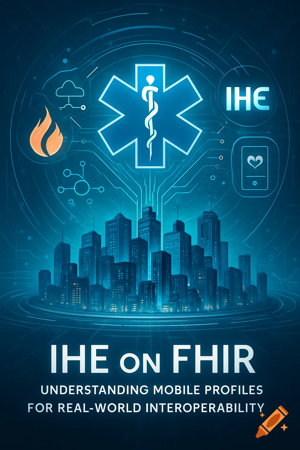 Futuristic blue image with cityscape, Star of Life symbol, technology graphics, and text 'IHE ON FHIR'.