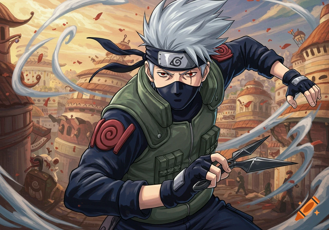 Kakashi in action pose holding kunai against village background, anime style.