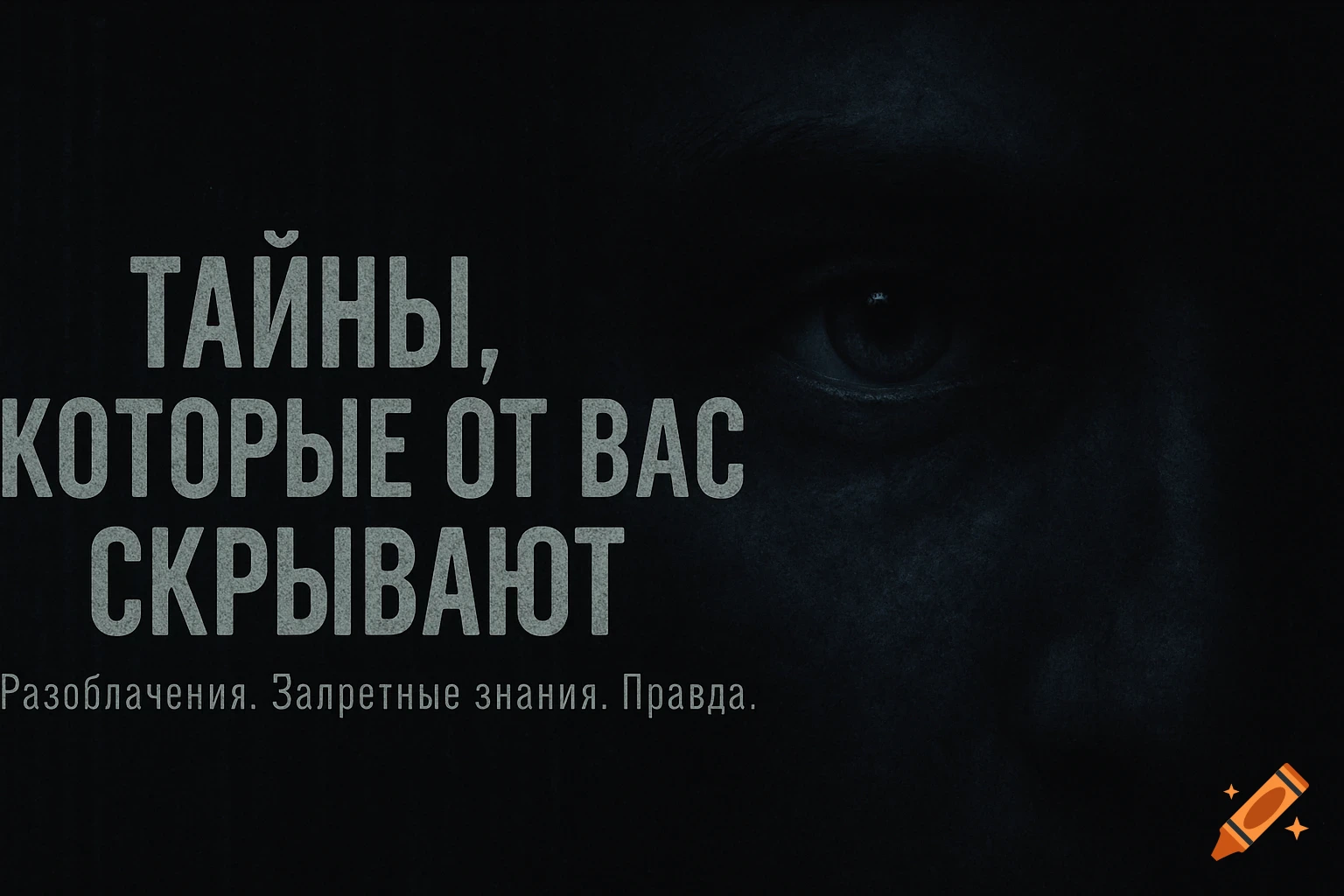 Dark image with white text on the left and a shadowy eye on the right.