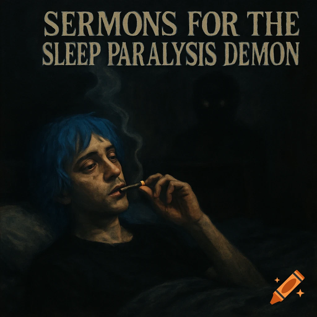 Person with blue hair smokes cigarette in a dark room with a shadowy figure. Text: SERMONS FOR THE SLEEP PARALYSIS DEMON.