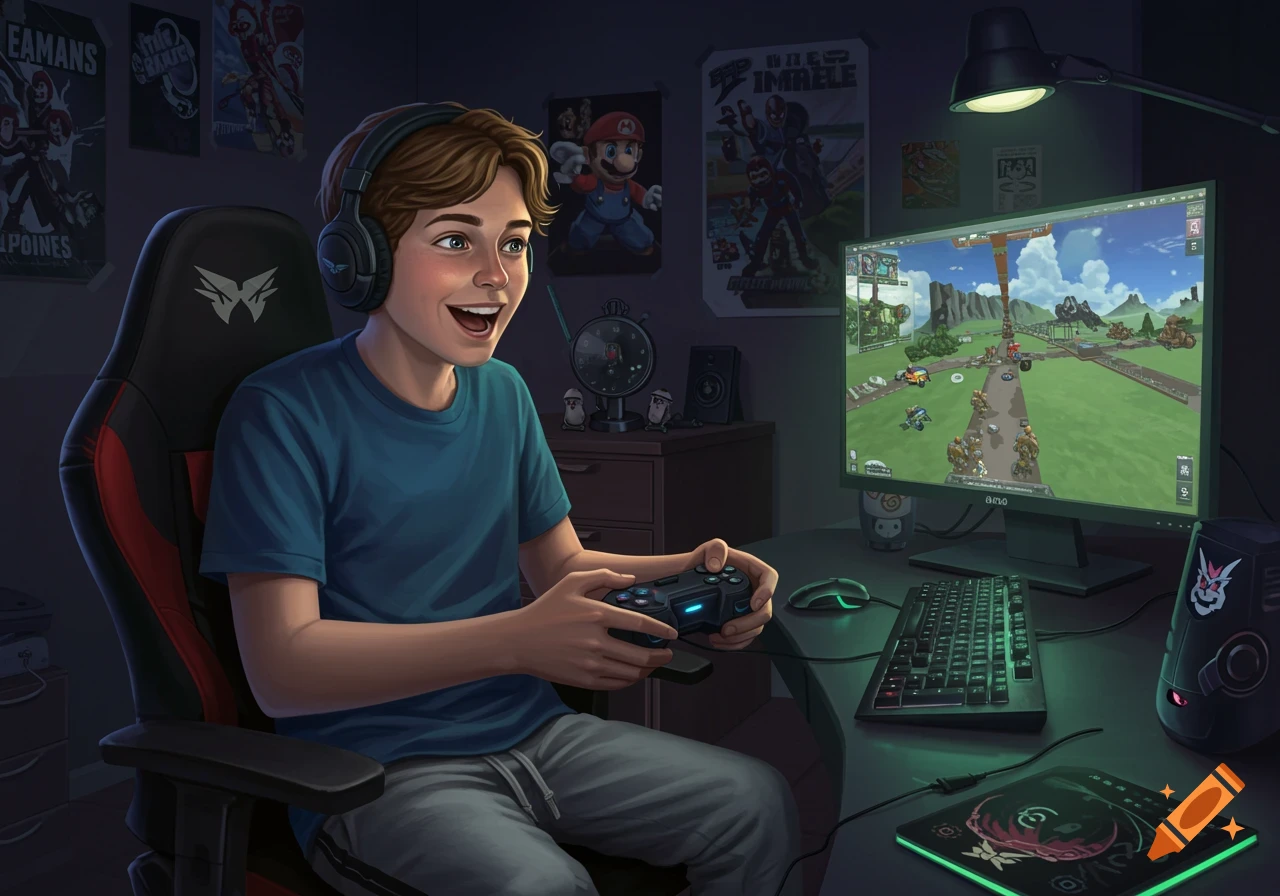 A young boy with headphones plays a video game on a computer in his bedroom.