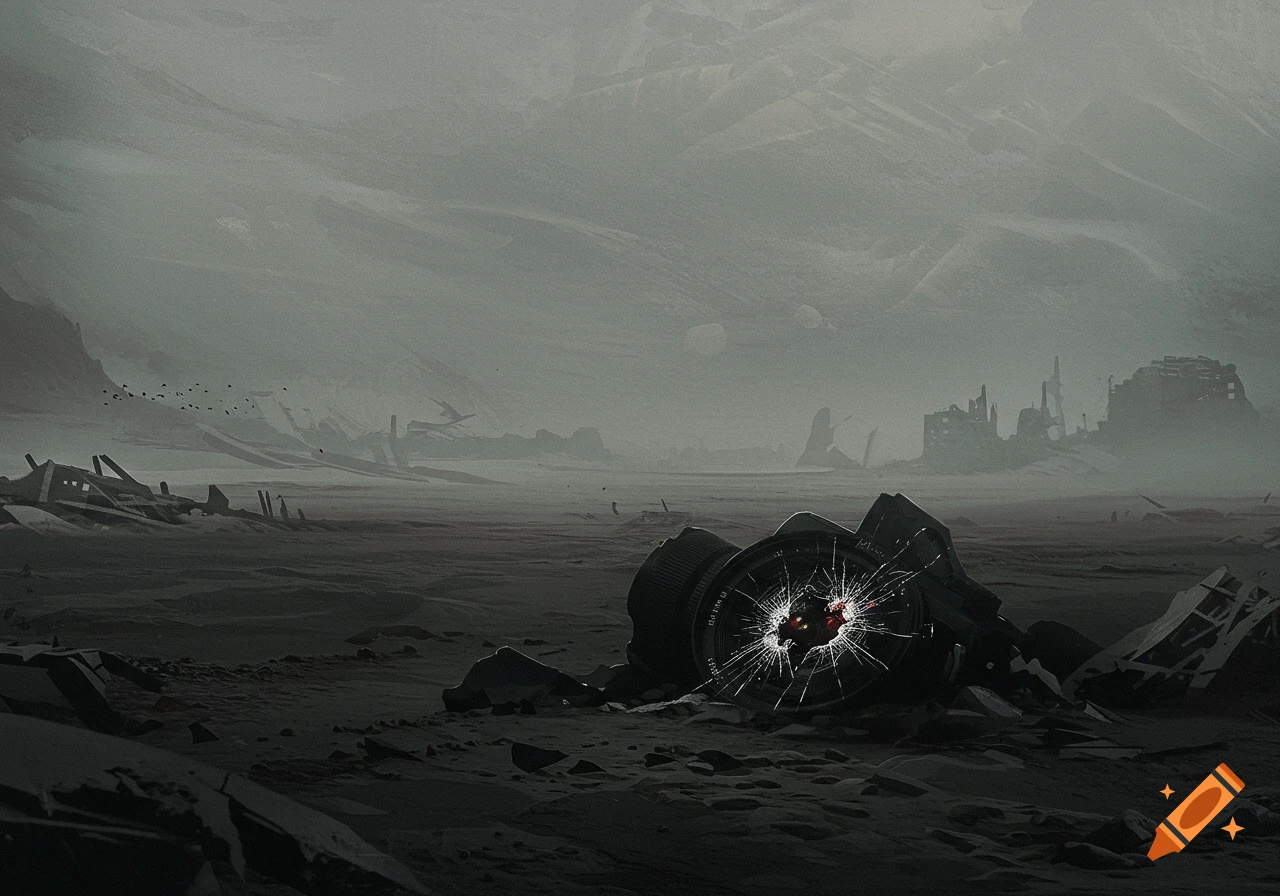 Dark digital art of a desolate, ruined landscape with destroyed buildings and a large, broken camera lens in the foreground.