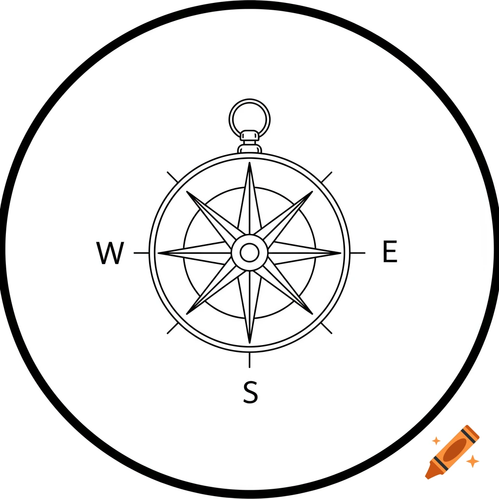A simple linework compass rose within a circle, showing directions W, E, and S.
