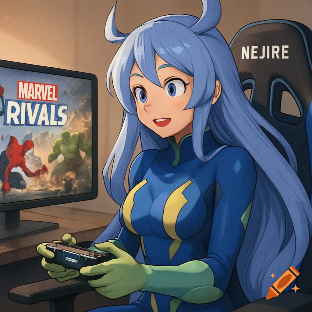 Anime girl with blue hair playing Marvel Rivals video game on a gaming ...