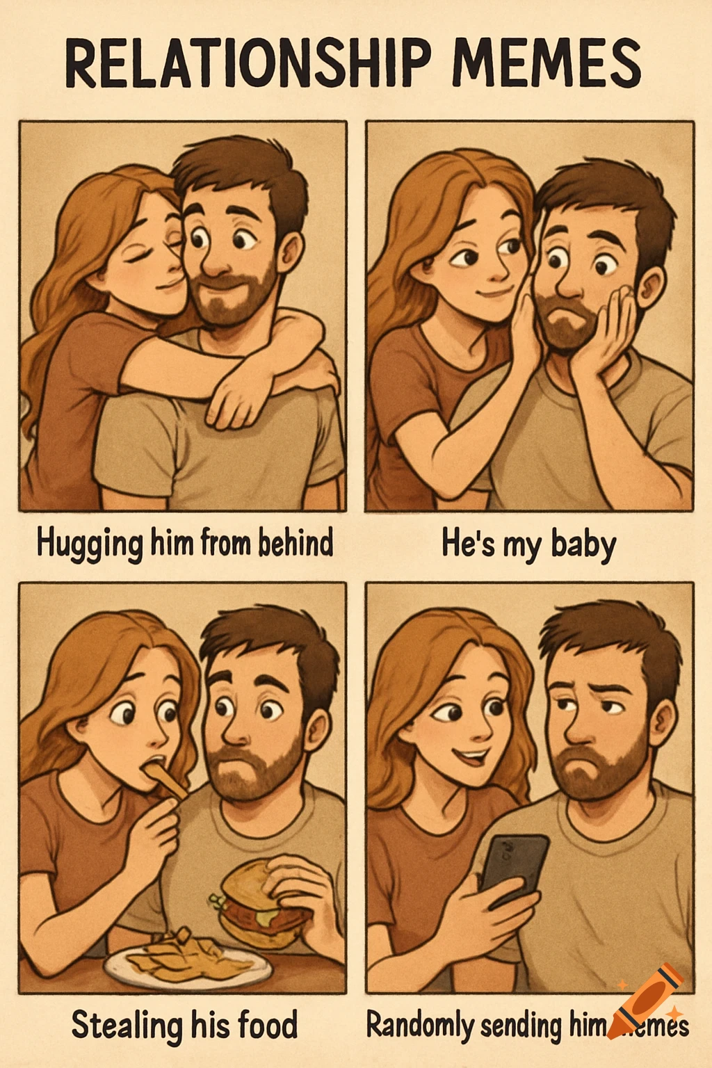 Four panel cartoon showing a couple's relationship moments.