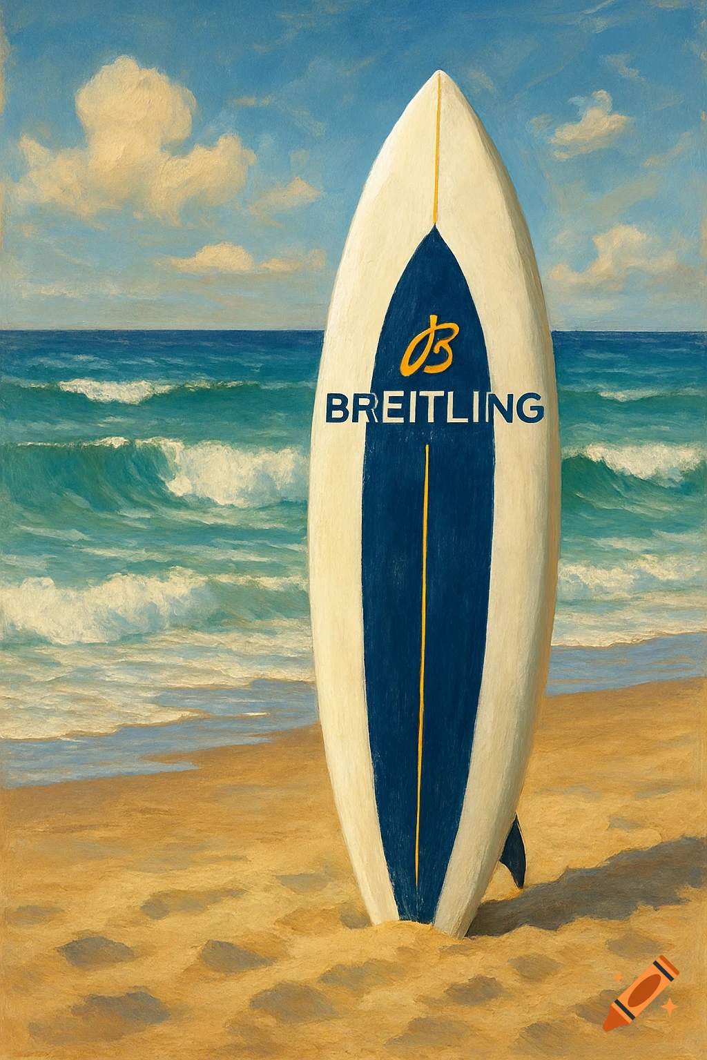Breitling surfboard with logo on a sandy beach with ocean waves under a cloudy sky, painted style.