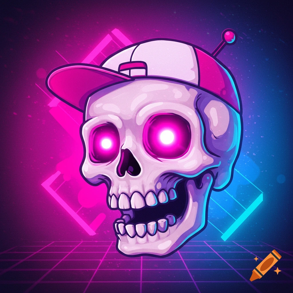 Stylized cartoon skull wearing a baseball cap with glowing pink eyes against a neon grid background.