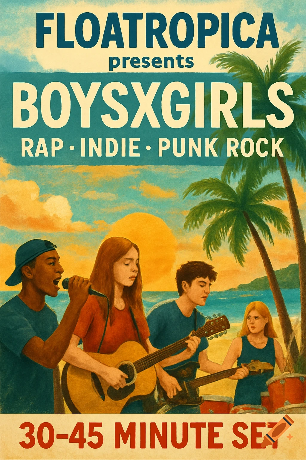 Illustration of a band playing music on a tropical beach at sunset.