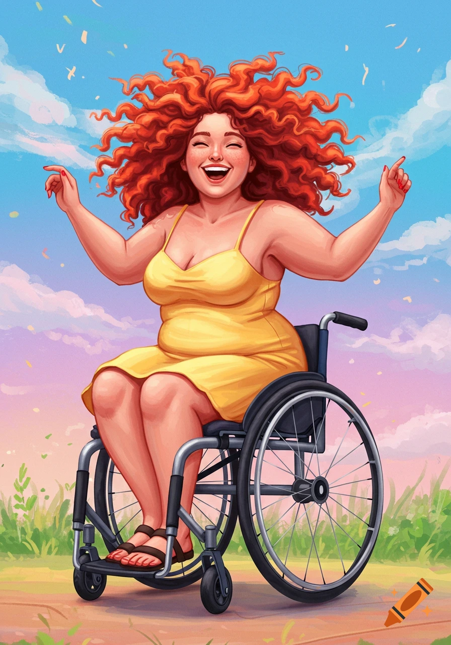Happy woman with red curly hair in a wheelchair, illustrated.