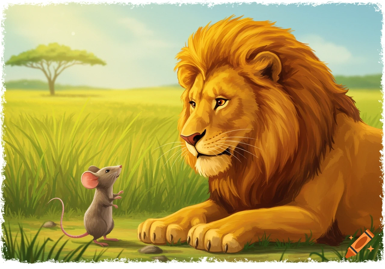 Illustrative image of a tiny mouse standing on grass in front of a large, seated lion under a blue sky.