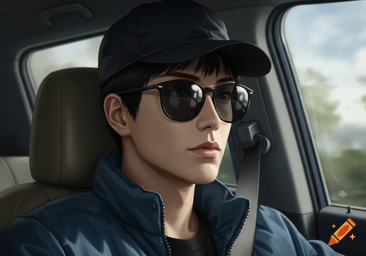 Anime style portrait of a man in sunglasses and a cap sitting in a car