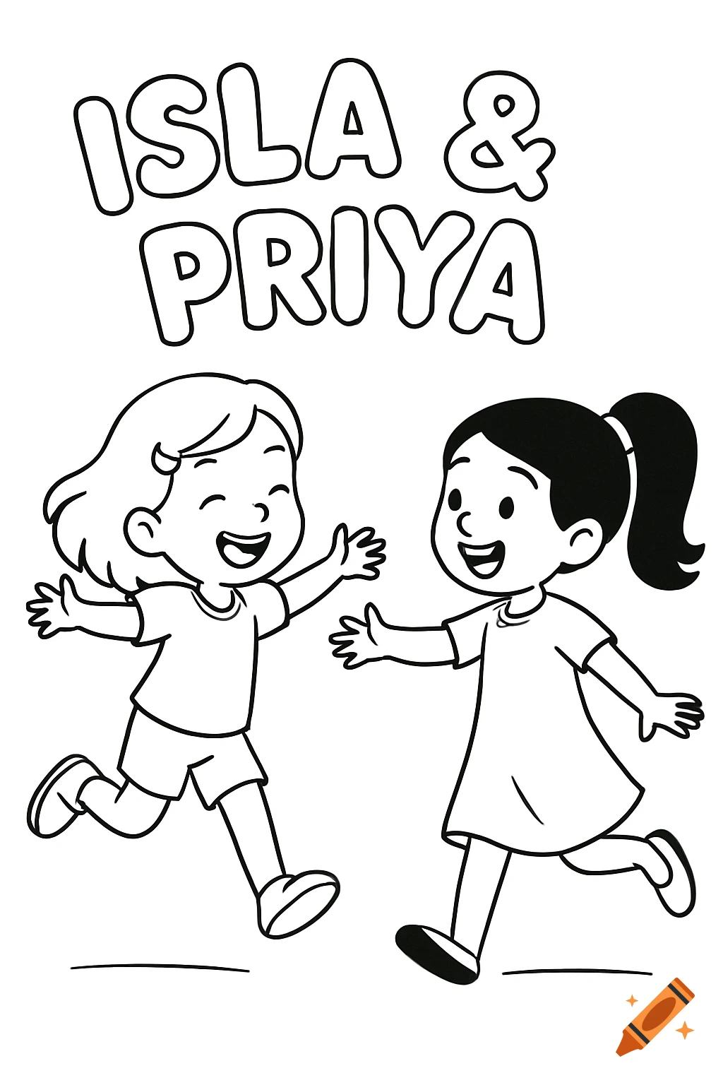 Black and white line drawing of two girls, Isla and Priya, running, in a coloring page style.