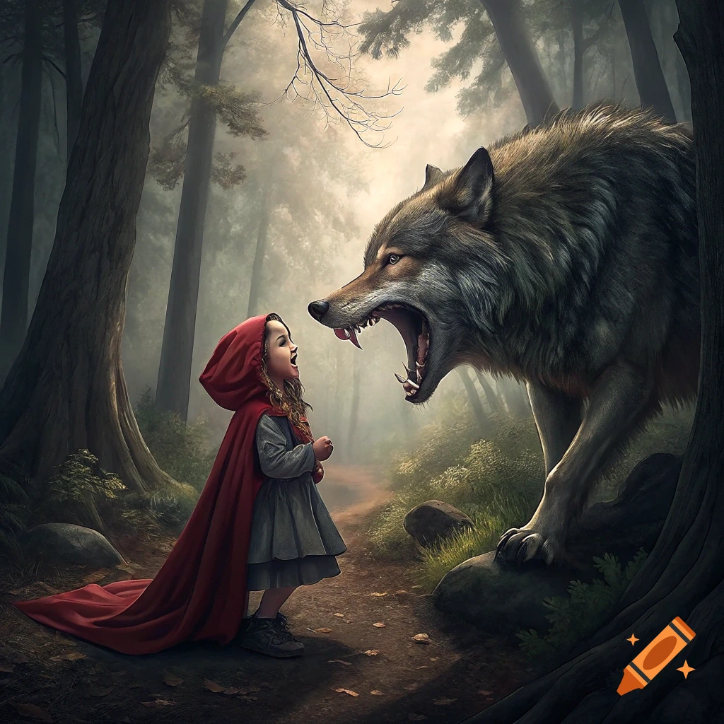 A little girl in a red cloak faces a large roaring wolf in a dark forest, realistic art style.
