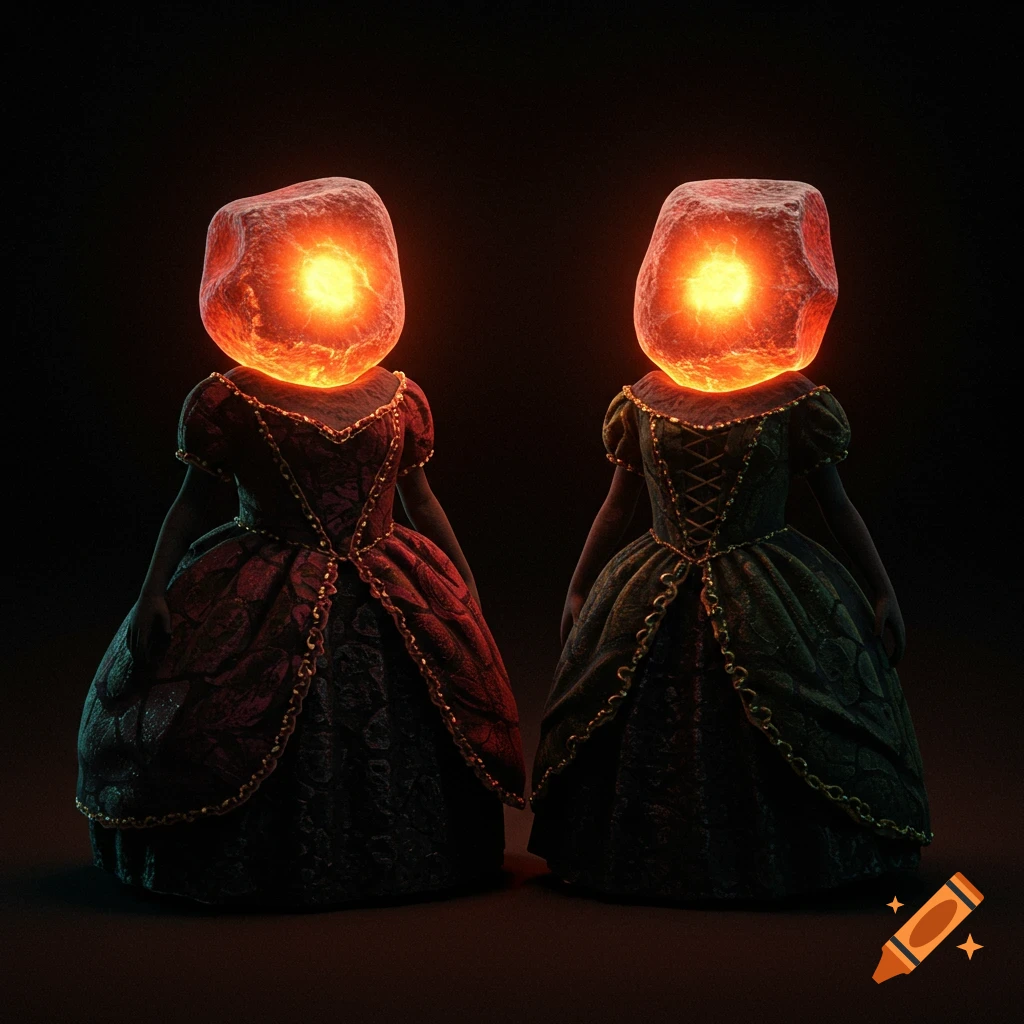 Two figures in elaborate dresses with glowing rock heads against a dark background.