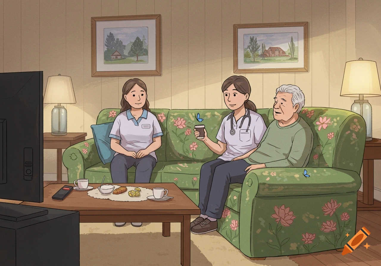 An illustration of a caregiver and an elderly client sitting on a floral couch in a living room watching television.