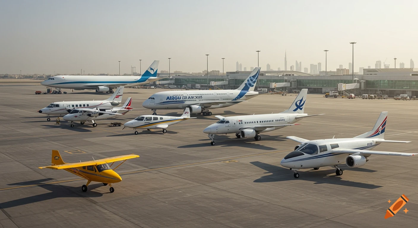 Multiple airplanes parked on an airport tarmac with terminal buildings and a city skyline in the background in a photorealistic style.