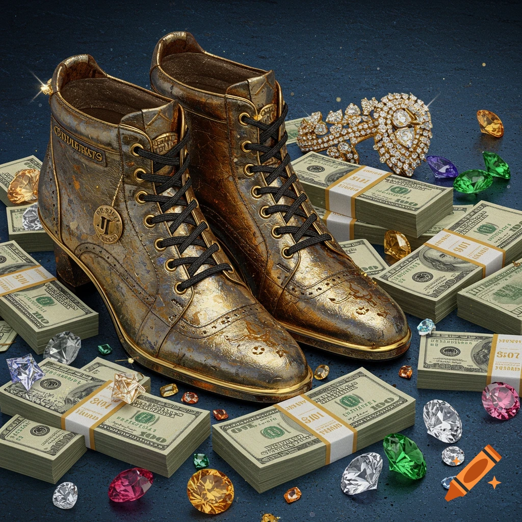 Golden boots surrounded by stacks of money and scattered jewels on a dark background.