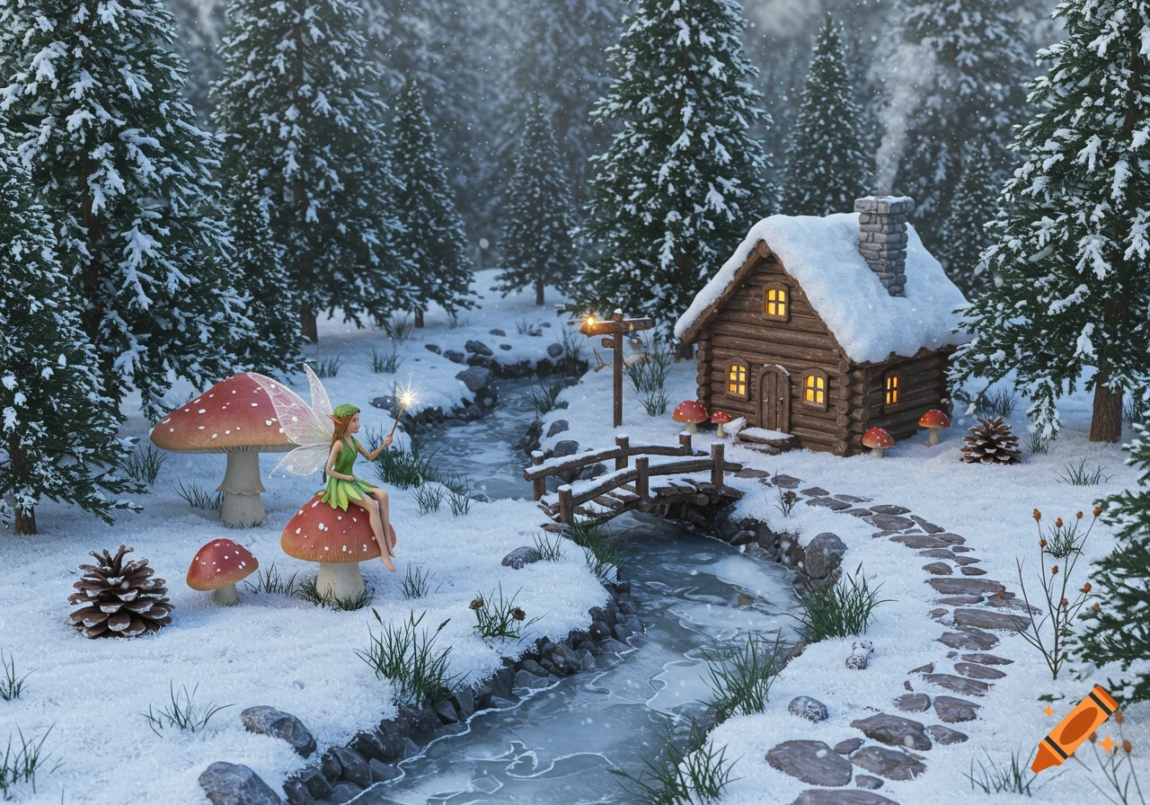 A miniature winter fairy sits on a mushroom near a stream and a small log cabin in a snowy forest.