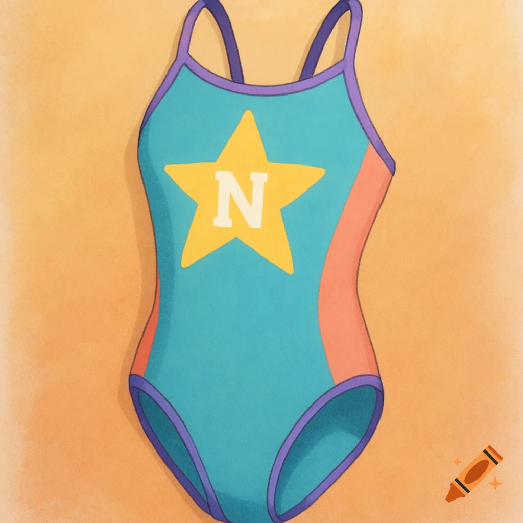 A teal swimsuit with a yellow star logo featuring a white N, purple trim, and orange side panel.