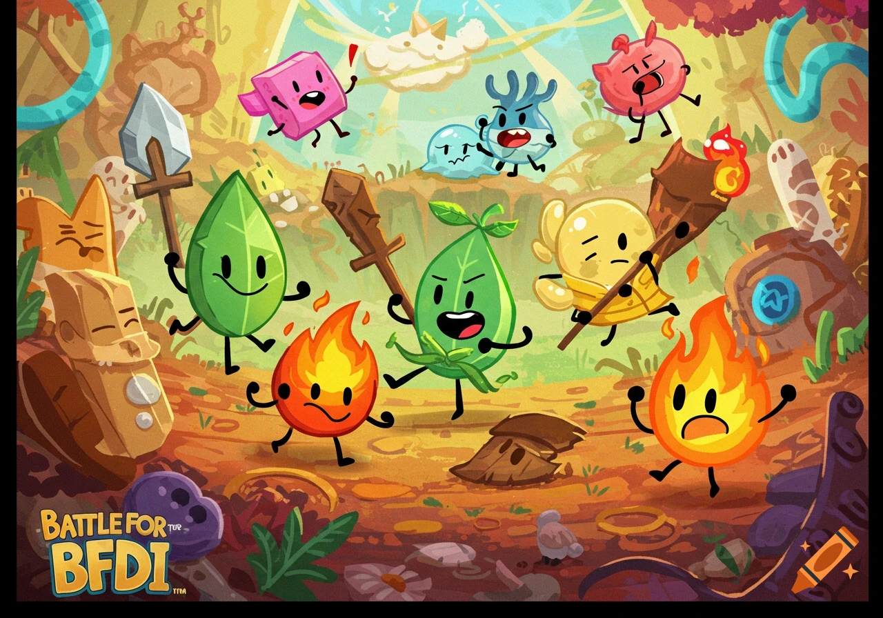 Cartoon characters from BFDI (Leafy, Firey, Blocky, etc.) in a colorful forest scene, some holding weapons.