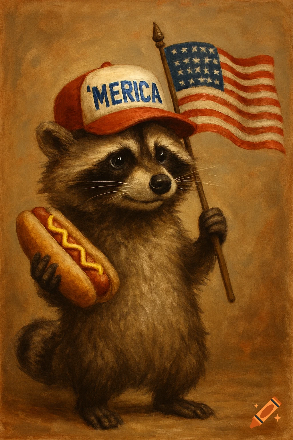 A raccoon wearing a 'MERICA hat holds a hot dog and an American flag in a painting style.