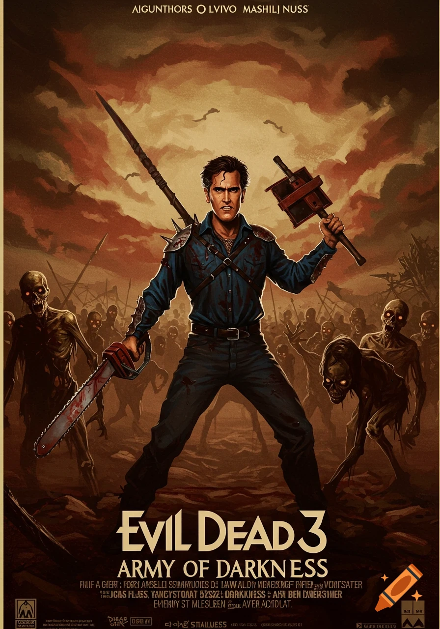 Movie poster for Evil Dead 3 featuring Ash holding a chainsaw and boomstick surrounded by zombies.