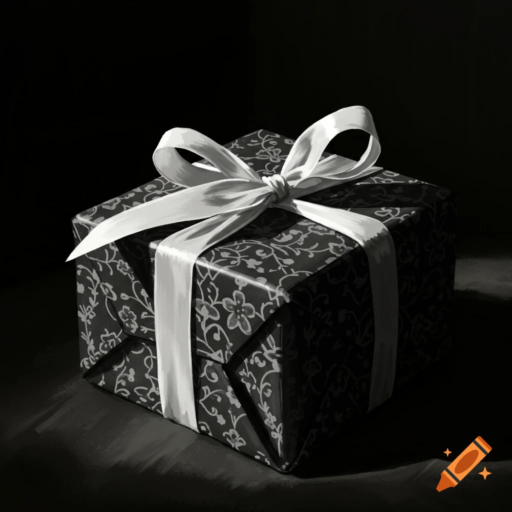 Black and white illustration of a gift box with a patterned wrapper and large bow.