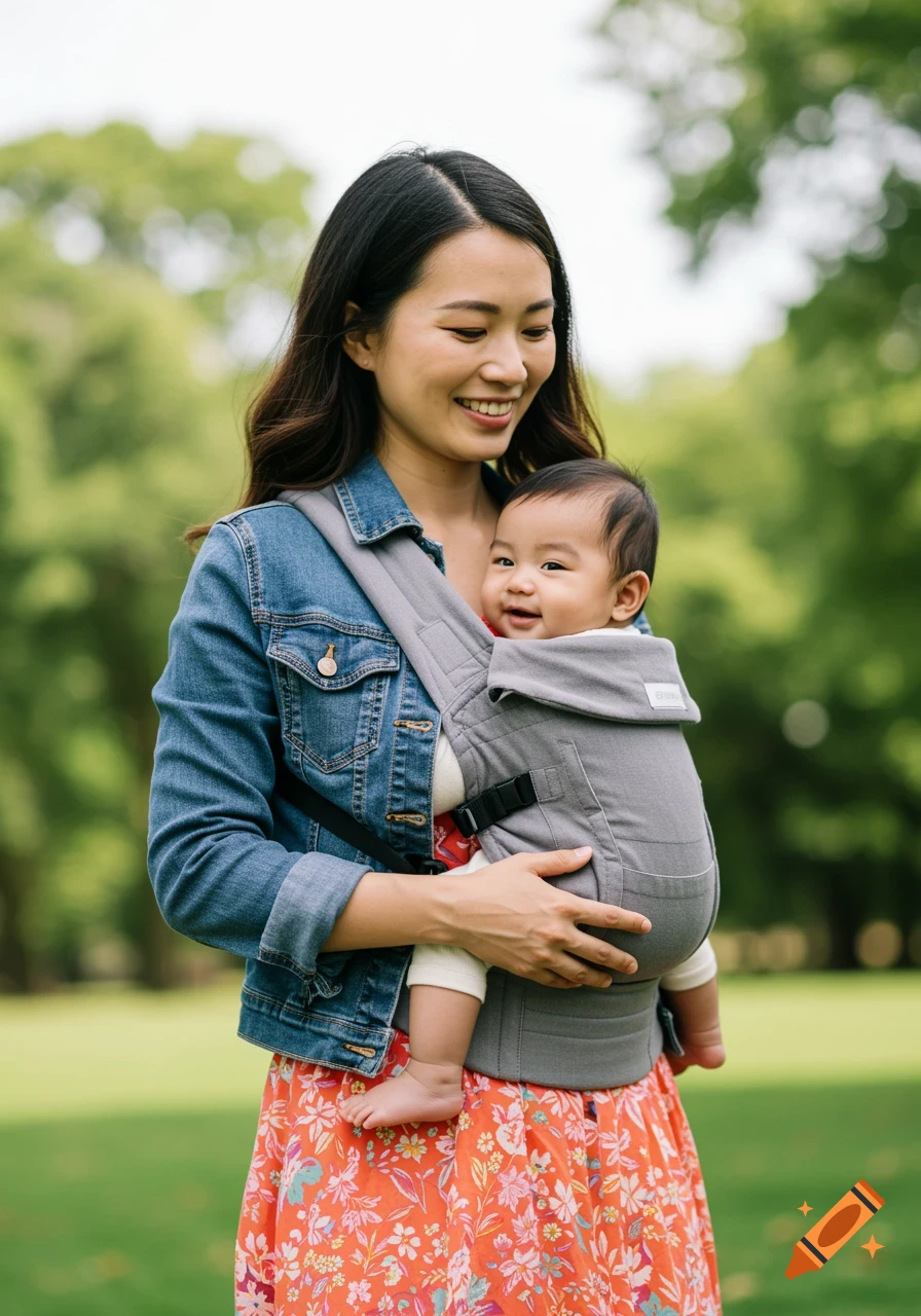 A mother smiles holding her baby in a carrier while standing outside in a park.