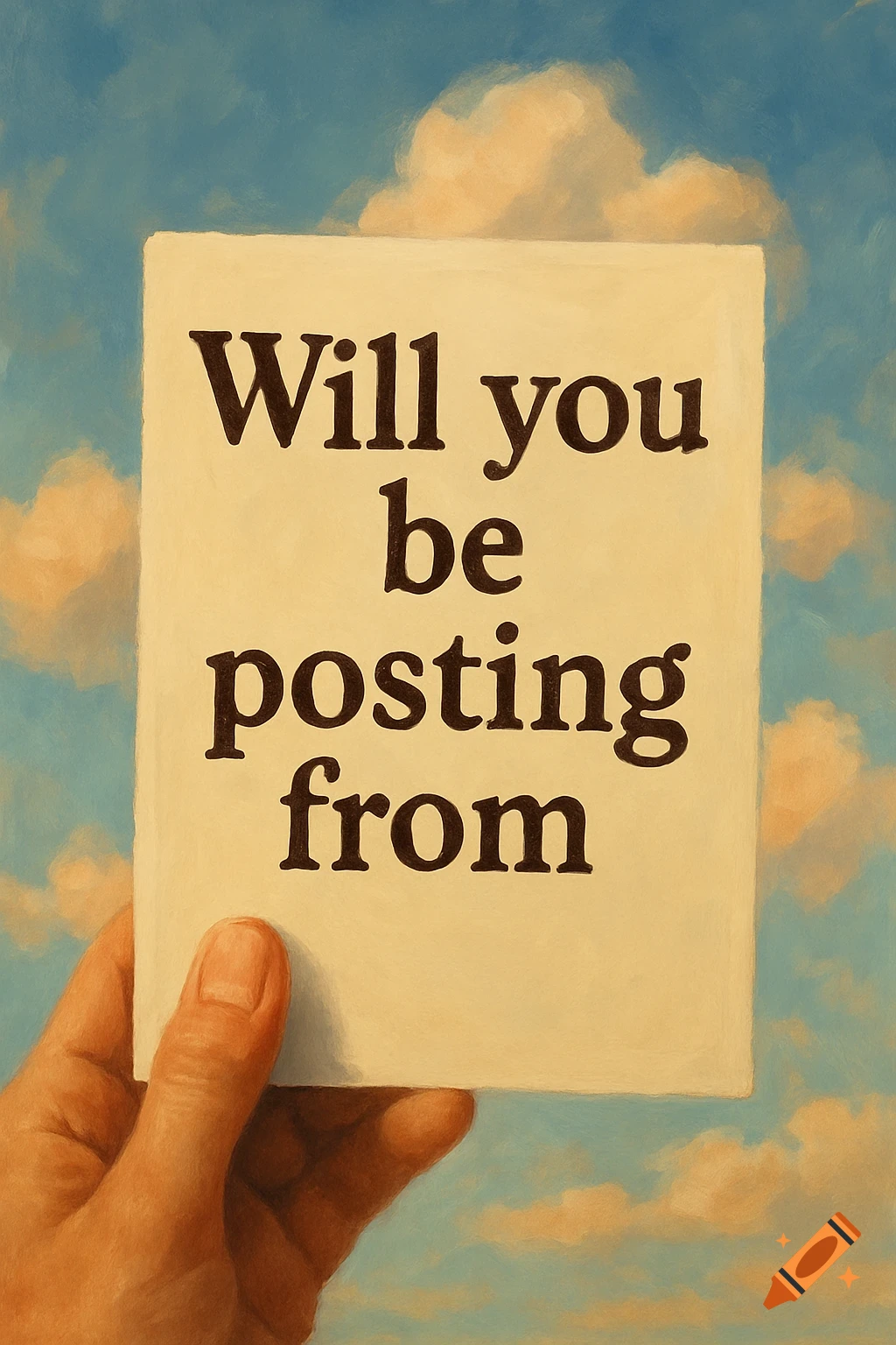 Hand holds a paper with text 'Will you be posting from' against a cloudy sky in a painting style.