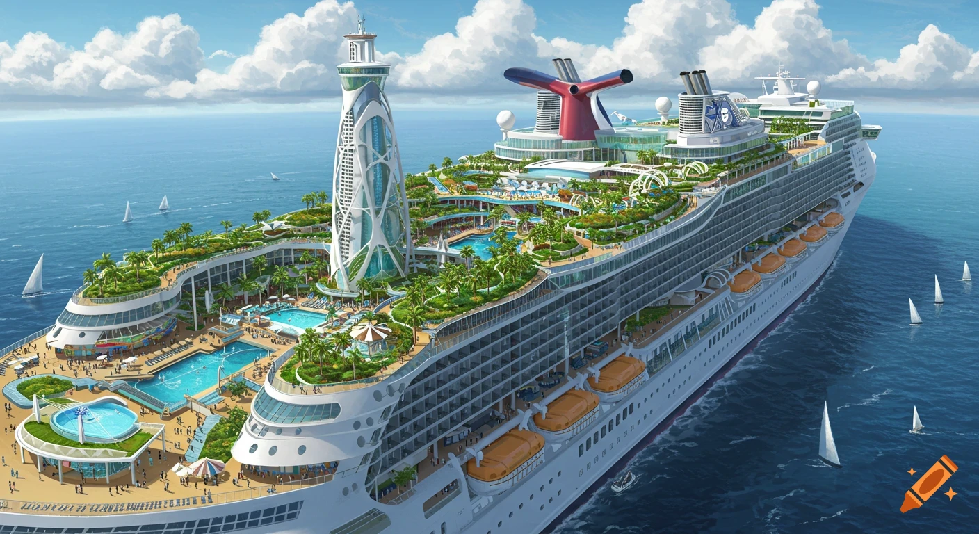 Detailed illustration of a massive, futuristic cruise ship with gardens, pools, and buildings on its decks sailing on the ocean.