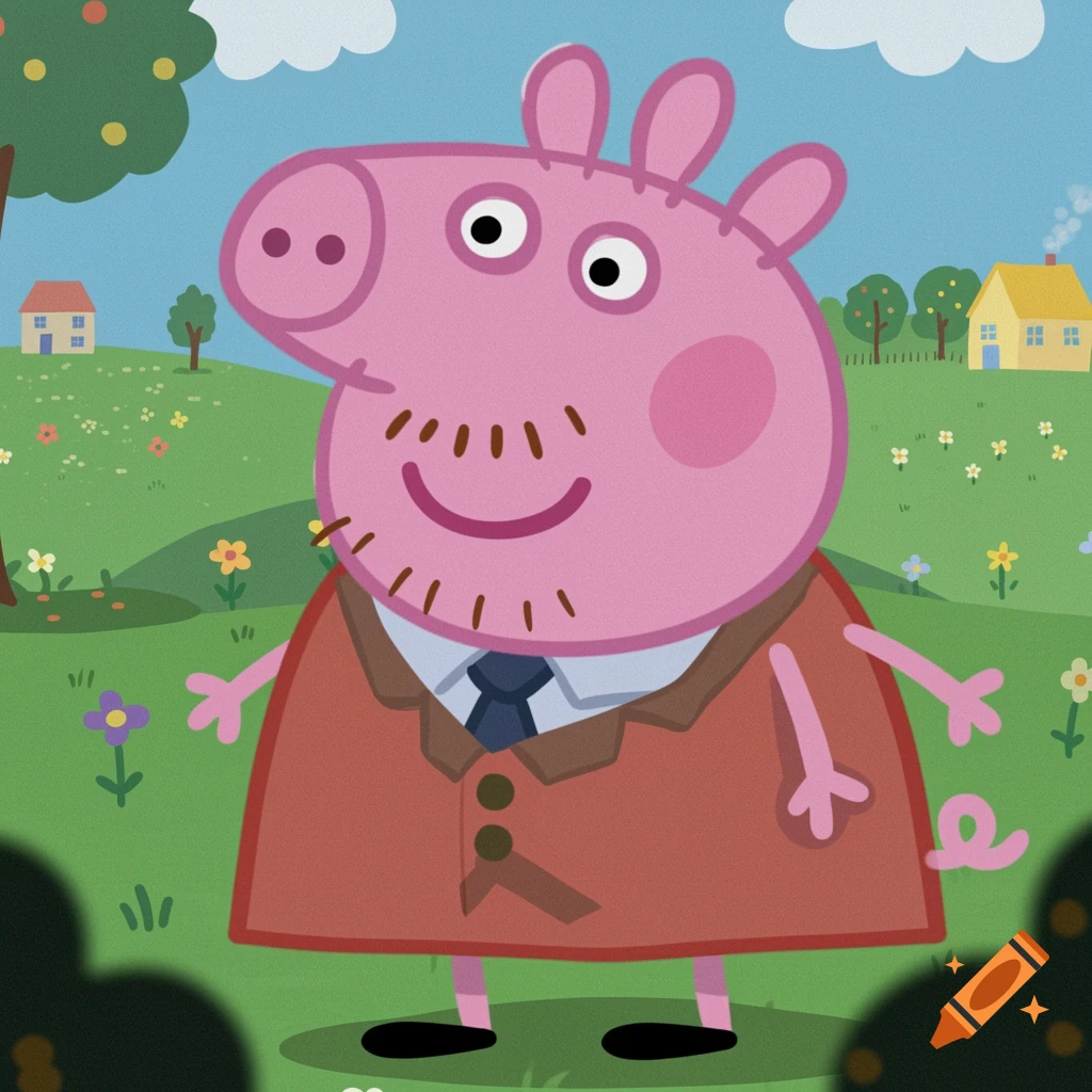 Cartoon pig character resembling Peppa Pig wearing a suit in a field.