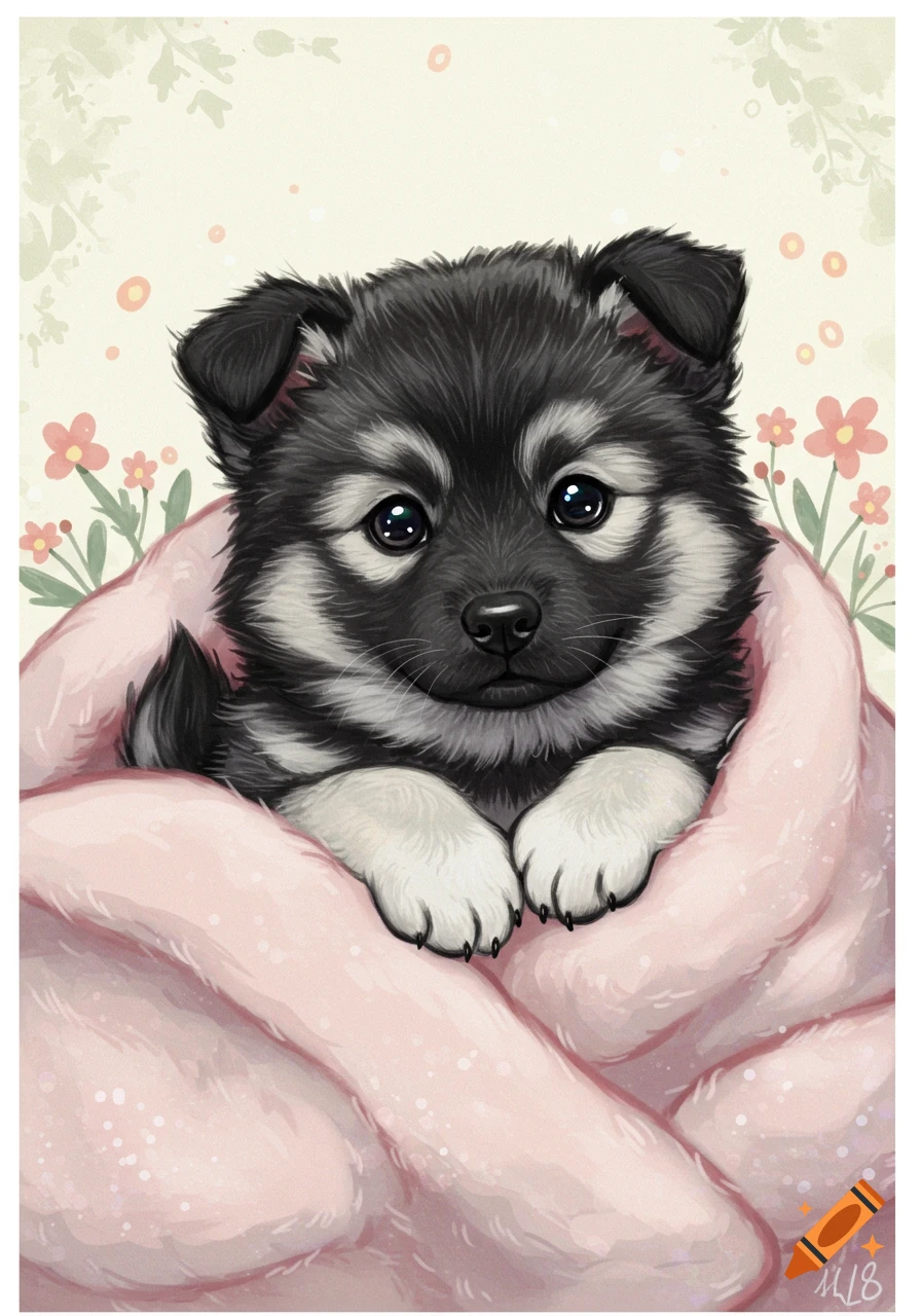 Cute husky puppy illustration snuggled in pink