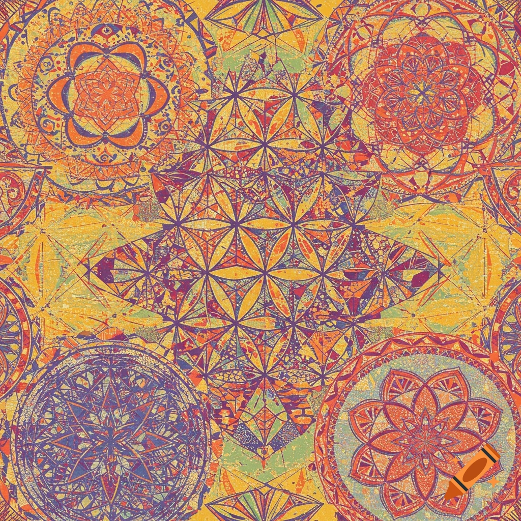 Colorful, textured geometric pattern with mandalas in a Risograph style.