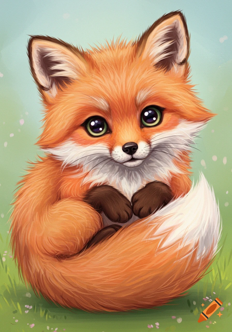 A cute fluffy illustration of a baby fox curled up with big green eyes